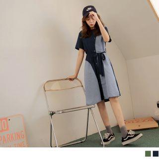 Color Block Short Sleeve Tie-waist A-line Dress