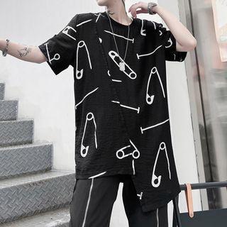 Short Sleeve Safety Pin Print Asymmetrical T-shirt