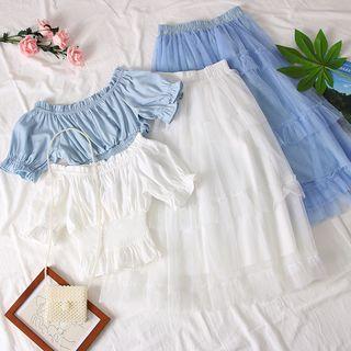 Set: Boatneck Smocked Top + Mesh Skirt