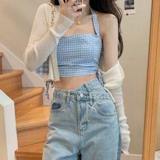Halter-neck Plaid Crop Top / Ribbed Cardigan