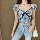Short-sleeve Floral Top Blue - One Size