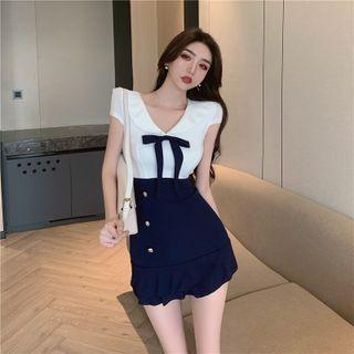 Two-tone Panel Bow Ruffle Hem Mini Bodycon Dress