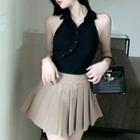 Collar Crop Tank Top / Pleated Mini A-line Skirt