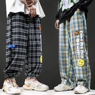 Smiley Face Print Plaid Drawstring-cuff Pants