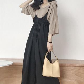 Plain Crew-neck Elbow-sleeve T-shirt / High-waist Overalls