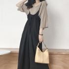 Plain Crew-neck Elbow-sleeve T-shirt / High-waist Overalls