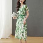 Flutter Sleeve V-neck Leaf Print Chiffon A-line Dress