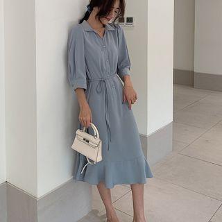 Collared Elbow-sleeve Midi Shift Dress