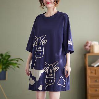 Elbow-sleeve Cow Print Mini T-shirt Dress