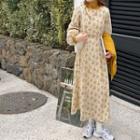Long-sleeve Floral Print Midi A-line Dress Yellow - One Size