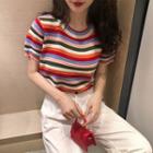 Rainbow-stripe Short-sleeved Knit Top As Figure - One Size