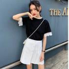 Short-sleeve Lace Trim T-shirt / Pleated Mini Skirt