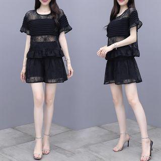 Set: Bell-sleeve Mesh Top + High-waist Shorts