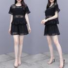 Set: Bell-sleeve Mesh Top + High-waist Shorts