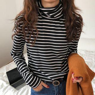 Striped Long-sleeve Turtleneck T-shirt Stripes - Black & White - One Size