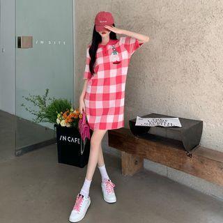Gingham Knit Mini Shift Polo Dress
