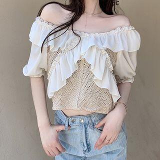 Short-sleeve Knit Panel Blouse Almond - One Size
