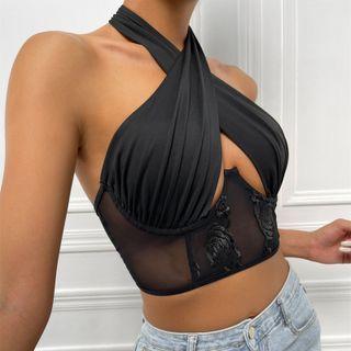 Halter-neck Flower Print Cropped Halter Top