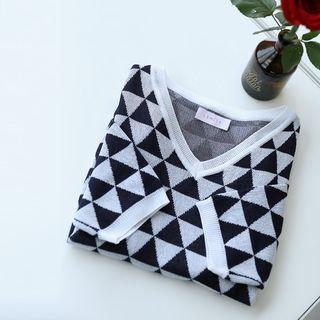 Pattern V-neck Knit Top Navy Blue - One Size