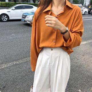 Plain Long-sleeve Pleated Blouse