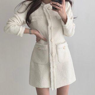 Long-sleeve Fray Hem Mini A-line Tweed Dress