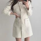 Long-sleeve Fray Hem Mini A-line Tweed Dress