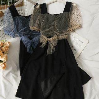 Mesh-overlay Slited Midi Dress
