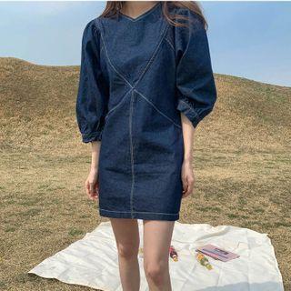 Balloon-sleeve A-line Denim Dress Denim Blue - One Size