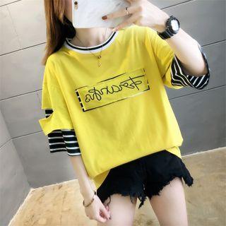Distressed Striped Panel Lettering T-shirt
