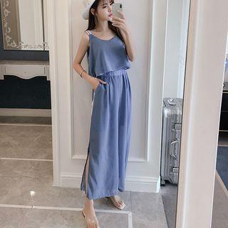 Set: Plain Camisole Top + Slit-side Wide-leg Pants
