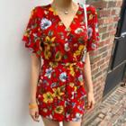 Wrap-front Tie-waist Floral Playsuit
