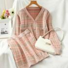Set: Plaid Knit Cardigan + Mini Pencil Skirt Pink - One Size