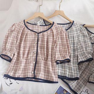 Contrast Trim Beaded Plaid Blouse