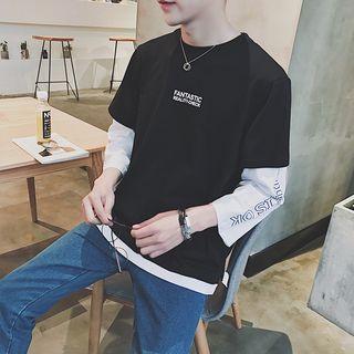 Mock Two-piece Letter 3/4-sleeve T-shirt