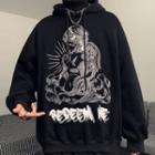 Angel Print Hooded Pullover With Lettering