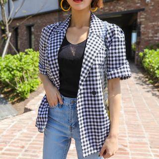 Short-sleeve Gingham Linen Blend Blazer [no Option Name]