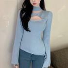 Turtleneck Cut-out Tie-up Ribbed Top