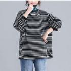 Lettering Mock-turtleneck Striped Pullover Stripes - Black & White - One Size