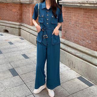 Short-sleeve Wide Leg Shirt Jumpsuit