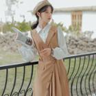 Long-sleeve Mock Two-piece Button-up Midi Collared Dress