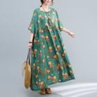 Short-sleeve Floral Maxi A-line Dress Green - One Size