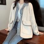 Denim Panel Genuine Shearling Buttoned Jacket Off-white - One Size