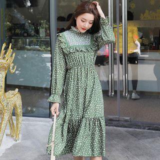 Long-sleeve Stand Collar Print Midi A-line Dress