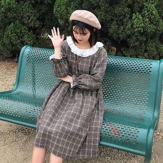 Long-sleeve Frill-trim Plaid Midi A-line Dress As Shown In Figure - One Size