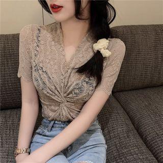 V-neck Twist Lace Top