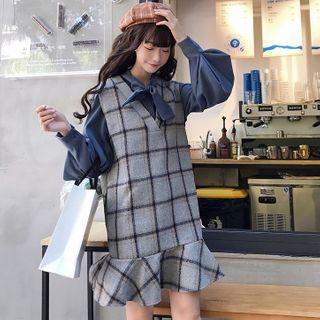 Tie-neck Blouse / Mini Plaid Overall Dress