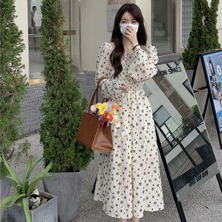 Long-sleeve Floral Print Dress Almond - One Size