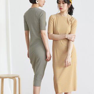 Striped Short-sleeve Midi Sheath Dress