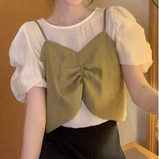 Set: Short-sleeve Chiffon Top + Camisole Top Set Of 2 - Camisole Top & Short-sleeve Top - Green & White - One Size