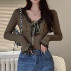 Long-sleeve Ruffled Fitted Top Army Green - One Size
